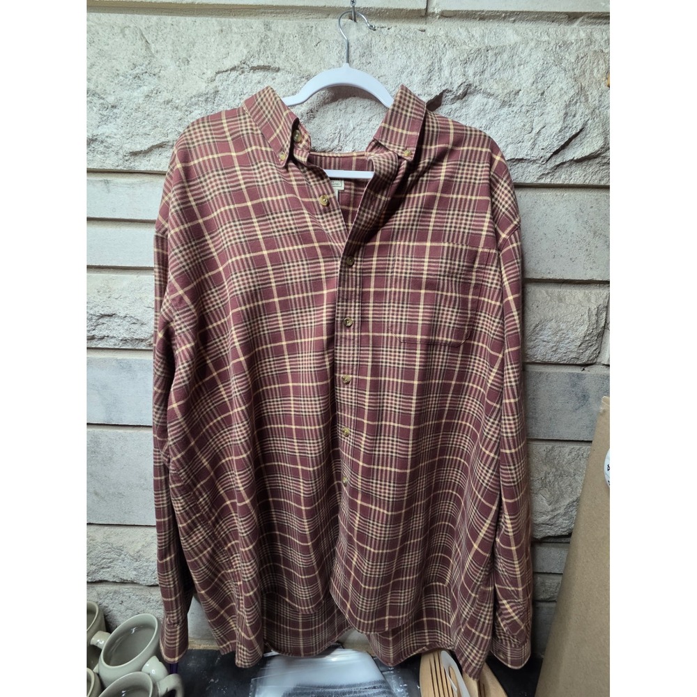 LL Bean Mens Plaid Button Down Shirt Long Sleeve Burgundy Tan